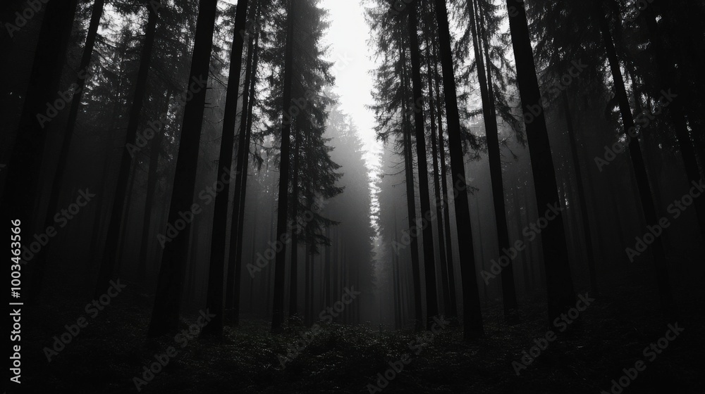 Fototapeta premium Mysterious forest with tall trees shrouded in fog and low light.
