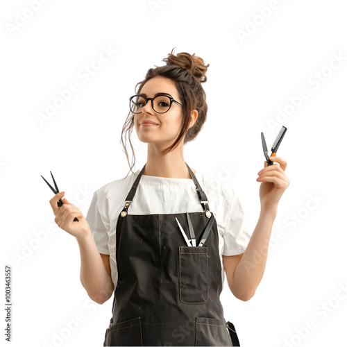 Stylist in Apron Holding Scissors and Tools