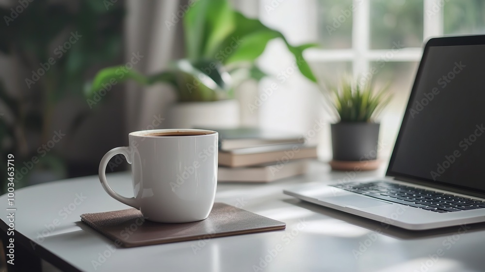 Coffee Cup on Table with Laptop and Plants Coffee Cup on Table with Laptop and Plants