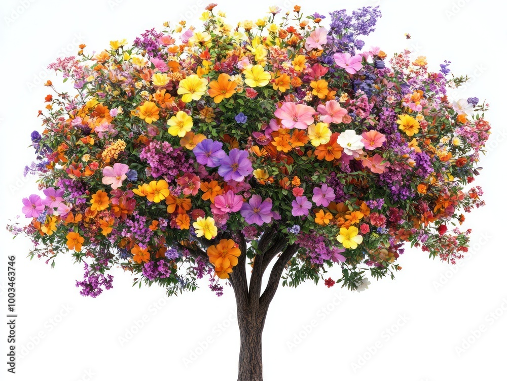 Fototapeta premium A tree covered in colorful flowers, isolated on a plain white background, with detailed close-up of the blooms