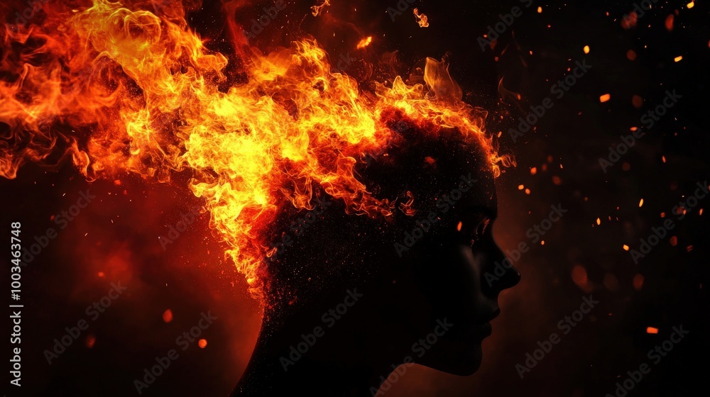 Silhouette of a head with flames representing intense emotions or thoughts. Silhouette of a head with flames representing intense emotions or thoughts.
