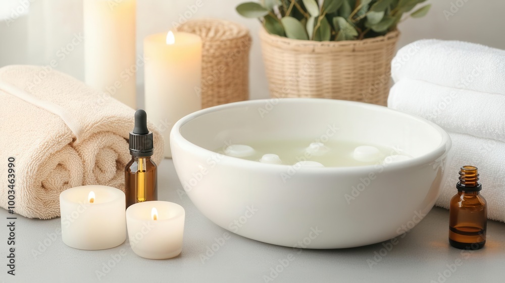 Foot bath basin with candles, essential oils, and warm towels nearby, Foot bath ritual setup, calming home spa experience Foot bath basin with candles, essential oils, and warm towels nearby, Foot bath ritual setup, calming home spa experience