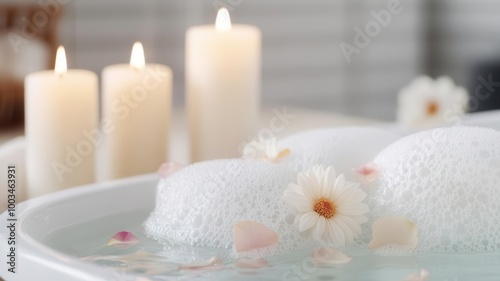 Bubble bath with candles and flower petals floating on the water, Bubble bath scene, luxurious home spa moment