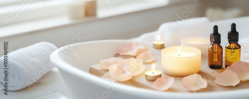 Rose petal bath with aromatic candles and essential oils placed on the side, Rose petal bath setup, luxurious home spa experience