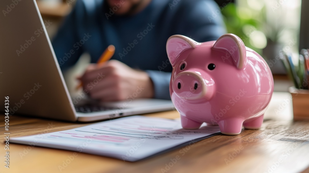 Pink piggy bank on office desk with financial documents. Pink piggy bank placed next to financial documents and a laptop, representing savings, budgeting, and managing personal finances. Pink piggy bank on office desk with financial documents. Pink piggy bank placed next to financial documents and a laptop, representing savings, budgeting, and managing personal finances.