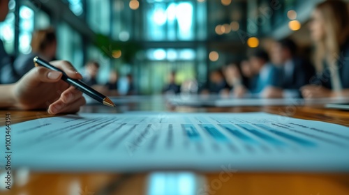 Business meeting with financial report document focus. Close-up of a hand holding a pen above a financial report during a business meeting, symbolizing analysis and strategic planning.