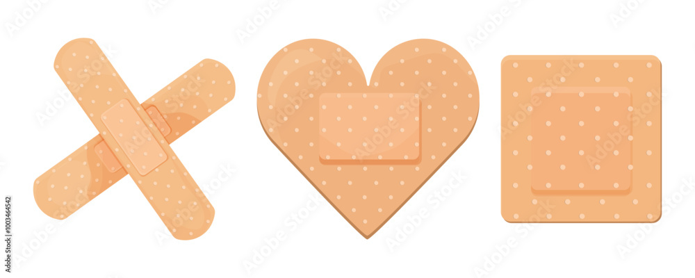 Medical plaster, strip. Breathable patch set. Firs aid tape, Different shapes. Recovery tape isolated on white background Medical plaster, strip. Breathable patch set. Firs aid tape, Different shapes. Recovery tape isolated on white background