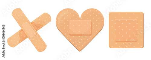 Medical plaster, strip. Breathable patch set. Firs aid tape, Different shapes. Recovery tape isolated on white background