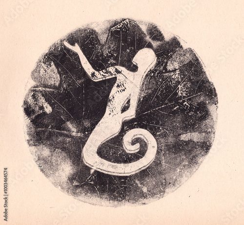 stylized humanoid dancing figures, graphic monochrome drawing, snake man