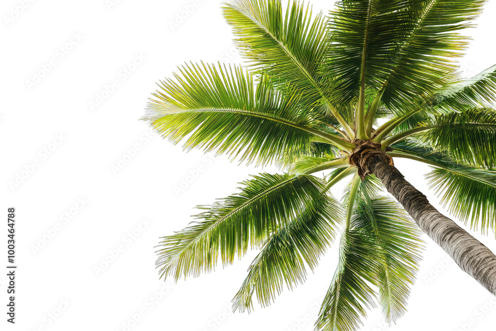 A vibrant palm tree captured from below, showcasing its lush green fronds against a clear background. A vibrant palm tree captured from below, showcasing its lush green fronds against a clear background.
