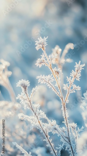 Frost covered branches in winter morning light