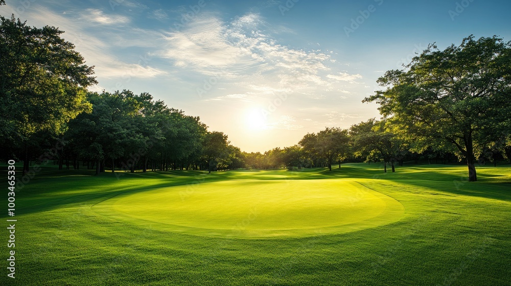 Beautiful golf course with emerald green grass, framed by dense woods, offering a calm and scenic sports environment. Beautiful golf course with emerald green grass, framed by dense woods, offering a calm and scenic sports environment.