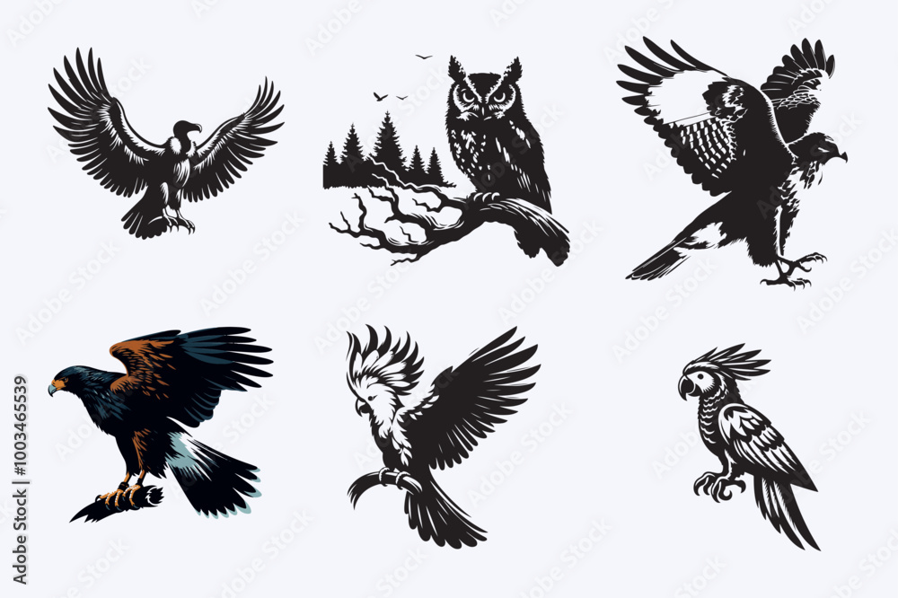 Obraz premium Creative 6 Birds silhouette vector style with white background