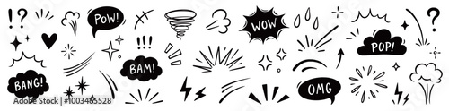 Comic boom cartoon effect line element set. Comic speech bubble pow, boom text, explosive splash smoke, wow cartoon vector icon. Hand drawn sketch doodle explosive element. Vector illustration.