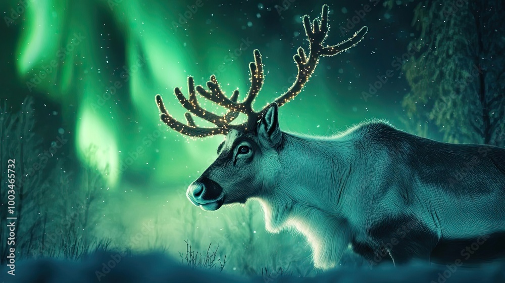 A majestic reindeer under a vibrant aurora borealis, showcasing the beauty of nature in the Arctic wilderness. A majestic reindeer under a vibrant aurora borealis, showcasing the beauty of nature in the Arctic wilderness.