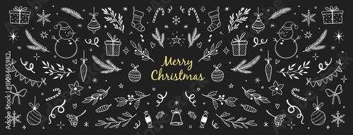 Christmas drawn holly line decor, pine branch, snowflake background. Hand drawn doodle sketch holly floral, christmas tree leaves, winter pine. Holiday ornament sketch doodle. Vector illustration