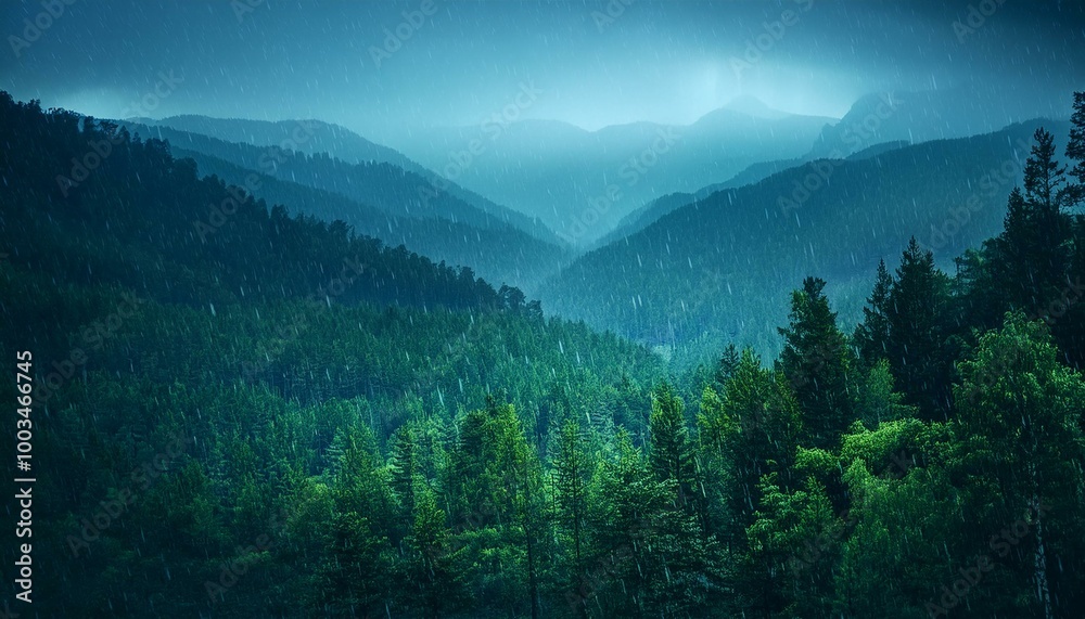 Fototapeta premium A rainy and peaceful night view in a mountainous woodland. Shades of green and blue attract attention. The front of the camera is open like a plain, and it looks out at the dense forests opposite.