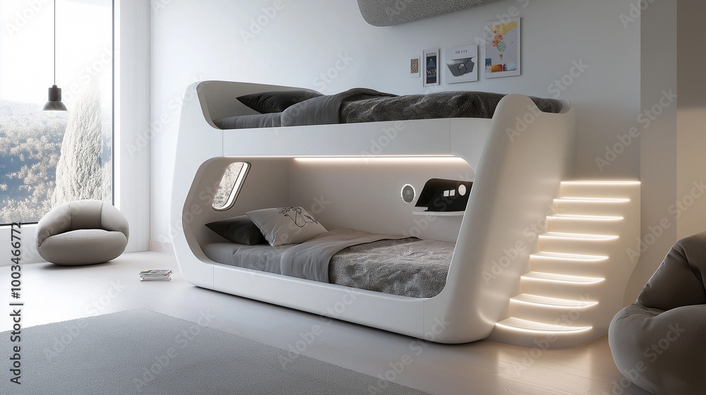 Modern minimalist white bunk bed with stairs in a spacious room