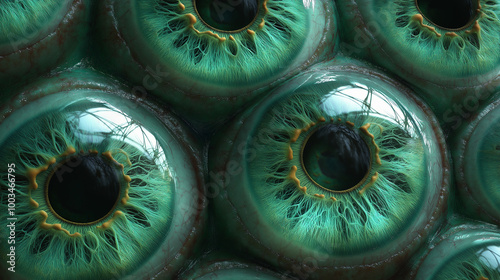 Many eyes staring with green irises are forming a wall photo