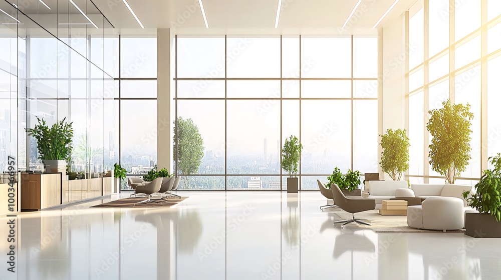 Modern office lobby with large windows, white couches, chairs, and potted plants. Modern office lobby with large windows, white couches, chairs, and potted plants.