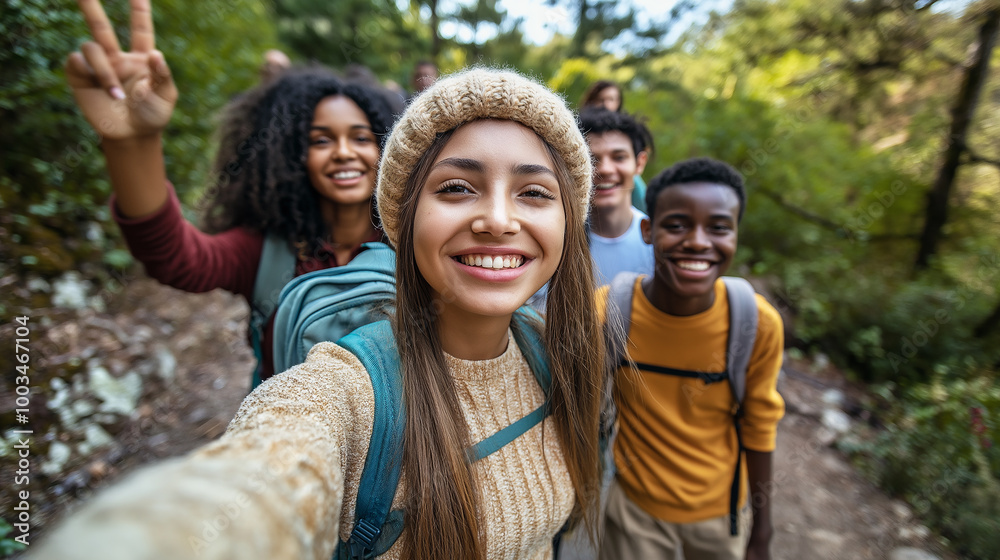 Group of young and diverse friends taking a selfie while hiking in the forest