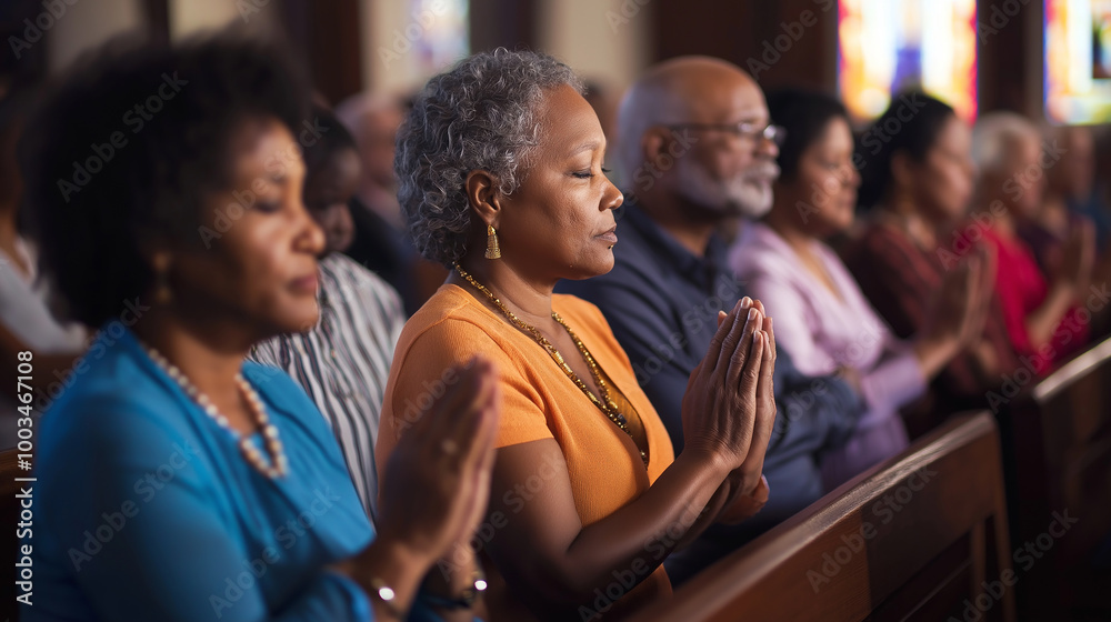 Diverse church congregation praying with hands together in prayer at church service Diverse church congregation praying with hands together in prayer at church service