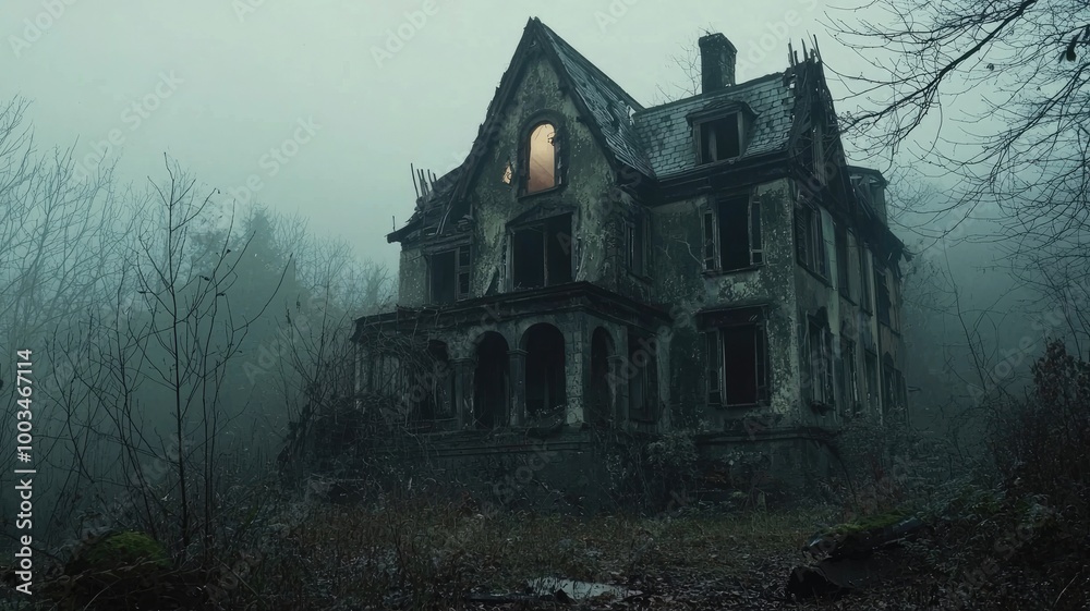 Abandoned House with a Glowing Window in a Foggy Forest Abandoned House with a Glowing Window in a Foggy Forest