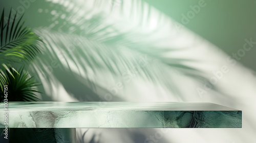 Table in an empty studio room. Green marble podium for product. 3D template with a stand for advertising design. Mockup with tabletop for cosmetics presentation