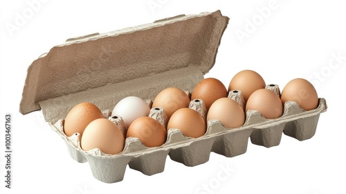 A dozen eggs in a cardboard carton, with one white egg standing out. photo