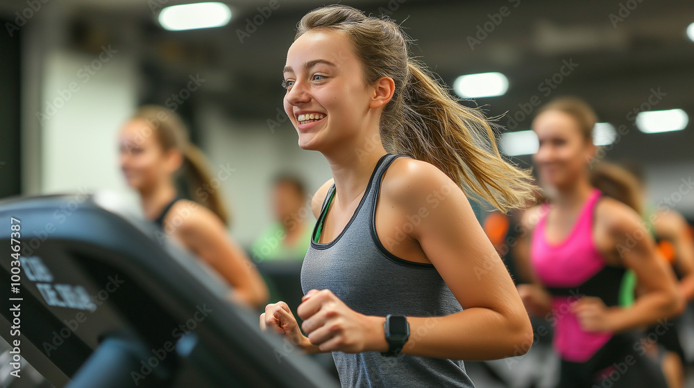 Group of people running on treadmills in gym while smiling and having fun Group of people running on treadmills in gym while smiling and having fun