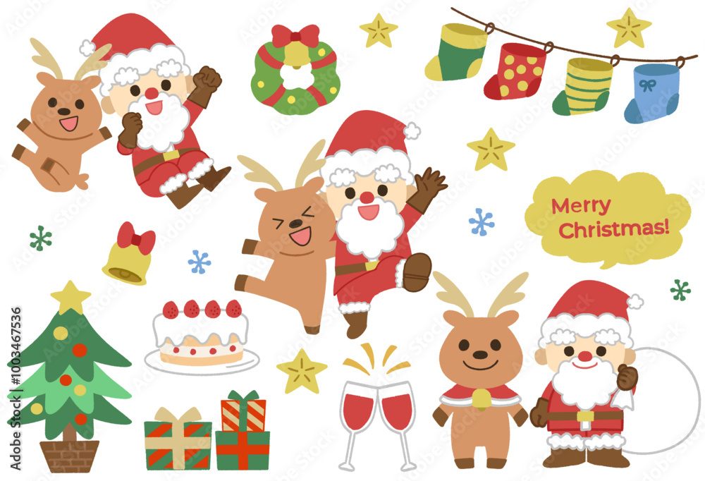 Obraz premium かわいいクリスマスのサンタとトナカイのイラスト素材セット