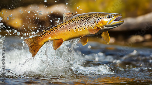 Brown trout fish jumping out of water splashing