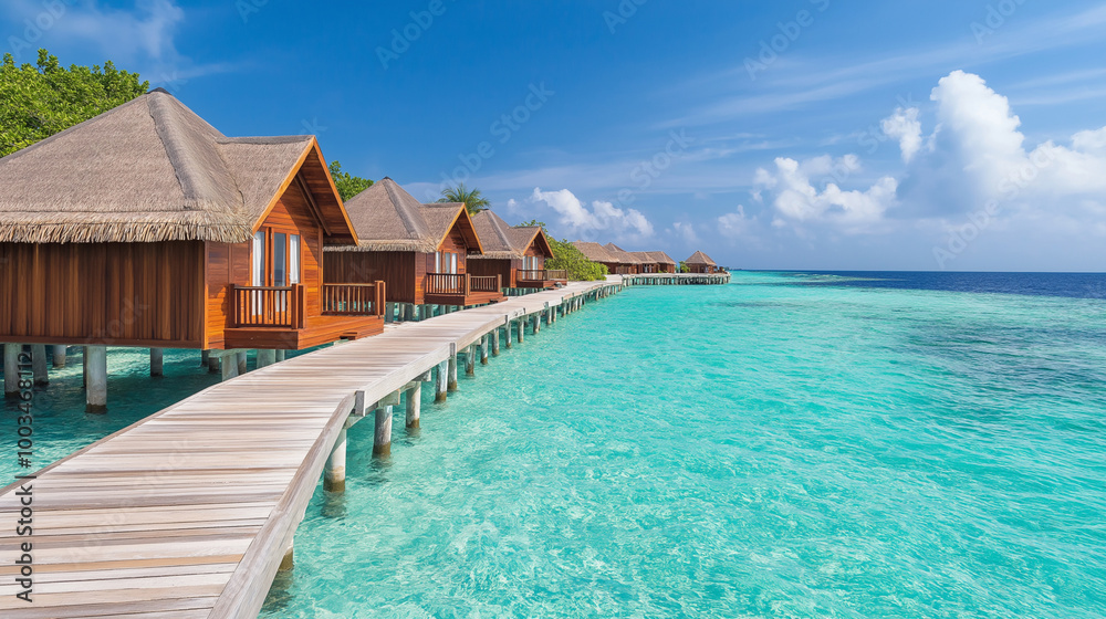 Tropical travel with pristine beach and water bungalows . Tropical travel with pristine beach and water bungalows .