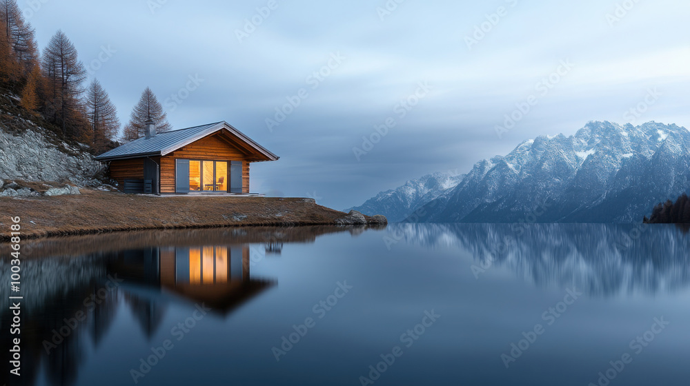 Modern cabin by tranquil lake reflecting mountains at dawn. Modern cabin by tranquil lake reflecting mountains at dawn.