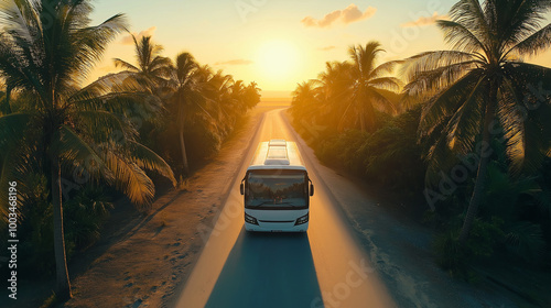 White bus driving on a road between palm trees at sunset