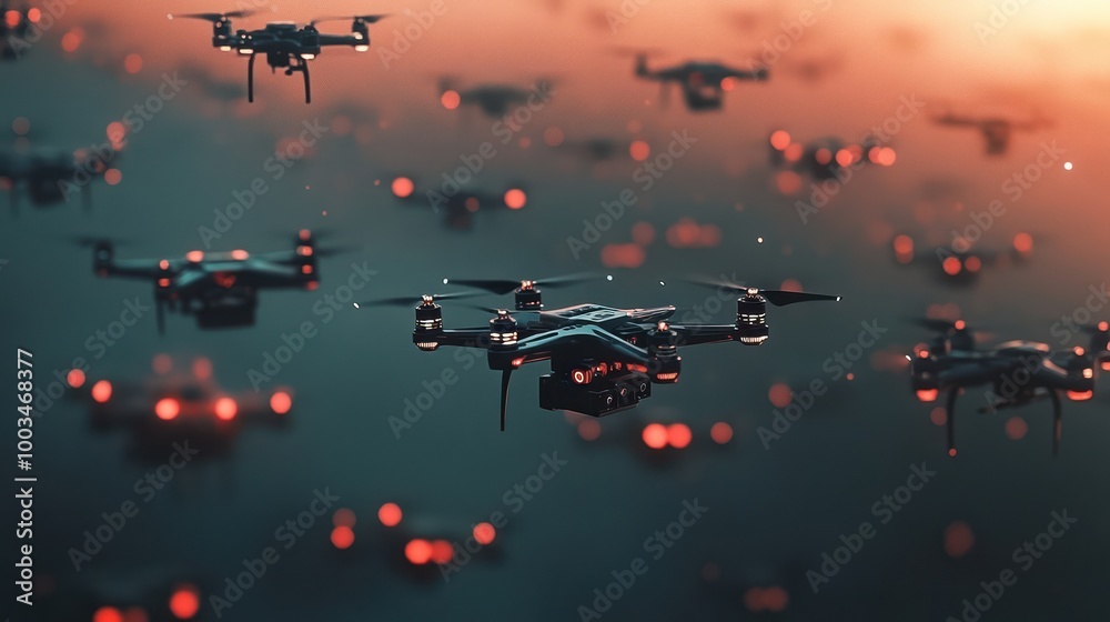 A drone flies in front of a large group of other drones, the orange sunset light casts a warm glow. A drone flies in front of a large group of other drones, the orange sunset light casts a warm glow.