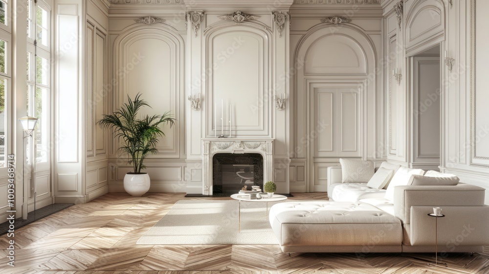 Luxurious hotel living room interior with wooden floor, fireplace, sofa and elegant decoration Luxurious hotel living room interior with wooden floor, fireplace, sofa and elegant decoration