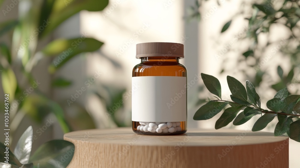 Amber Glass Bottle With White Pills and Blank Label on Wooden Podium Amber Glass Bottle With White Pills and Blank Label on Wooden Podium