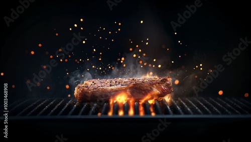 Sizzling Perfection: A Grilled Steak on the BBQ with Sparks Flying and Smoke Rising, Capturing the Essence of Outdoor Cooking and Culinary Excellence.