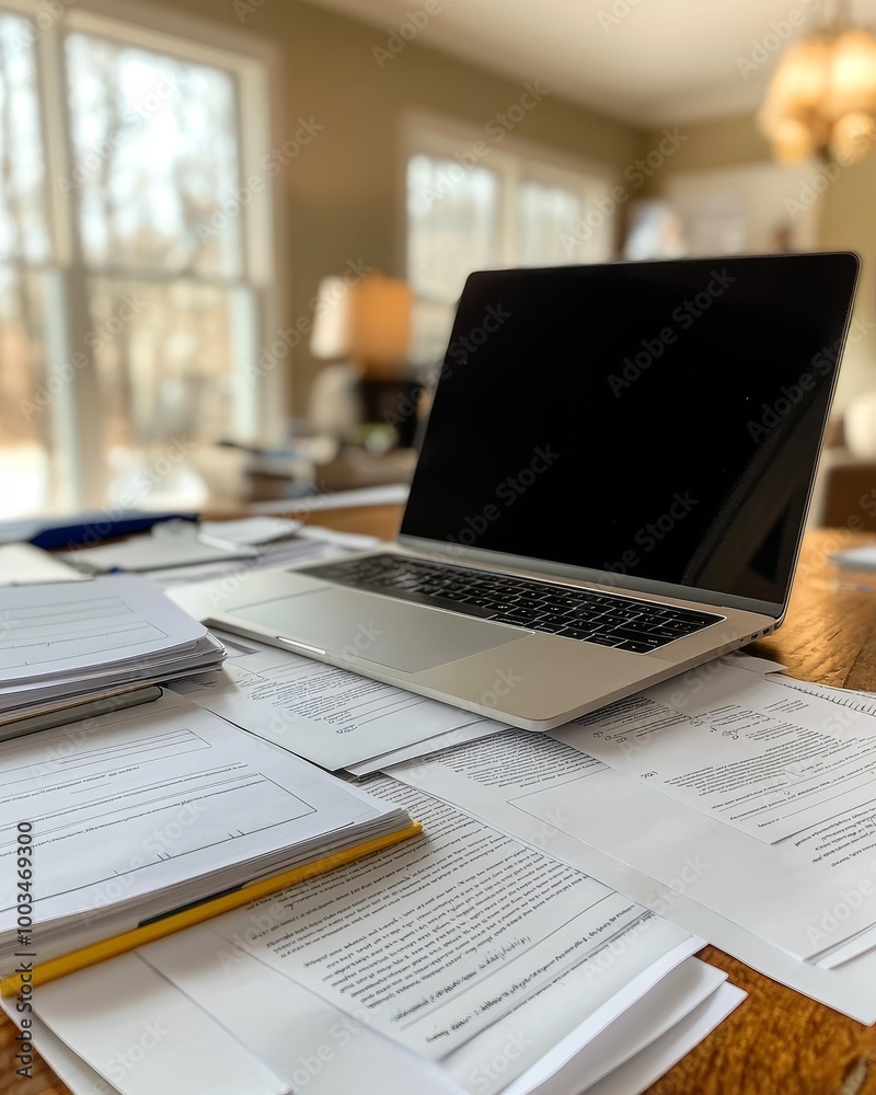 Obraz premium Laptop on a desk surrounded by documents in a home office setting.