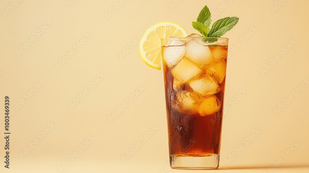 Classic Long Island Iced Tea cocktail served in a tall glass with ice, lemon, and mint, isolated against a beige background. Classic Long Island Iced Tea cocktail served in a tall glass with ice, lemon, and mint, isolated against a beige background.