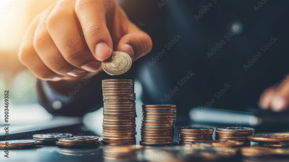 A businessman stacking Bitcoin coins, symbolizing cryptocurrency investment and financial growth in a modern setting A businessman stacking Bitcoin coins, symbolizing cryptocurrency investment and financial growth in a modern setting