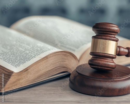 Legal gavel on a wooden desk beside an open law book. photo