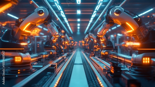 A futuristic assembly line with robotic arms, illuminated by orange and blue lighting, showcasing advanced automation technology. photo