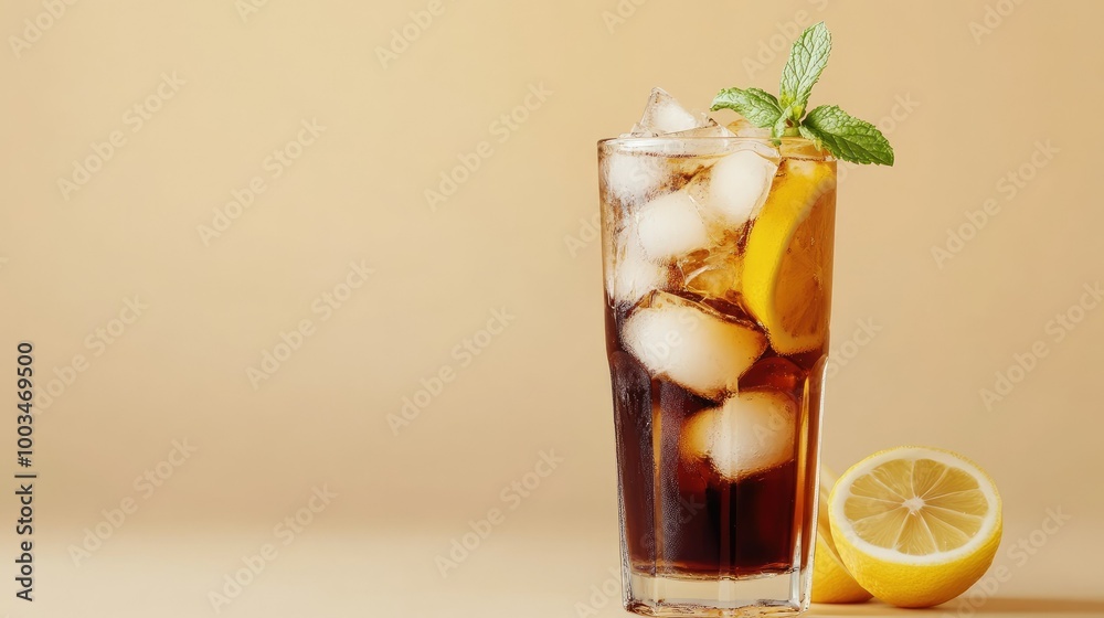 Classic Long Island Iced Tea cocktail served in a tall glass with ice, lemon, and mint, isolated against a beige background. Classic Long Island Iced Tea cocktail served in a tall glass with ice, lemon, and mint, isolated against a beige background.