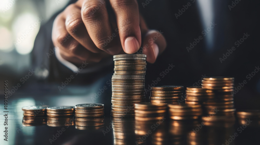 A businessman stacking Bitcoin coins, symbolizing cryptocurrency investment and financial growth in a modern setting A businessman stacking Bitcoin coins, symbolizing cryptocurrency investment and financial growth in a modern setting