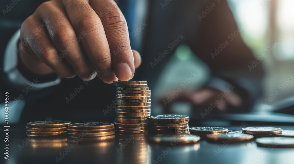 A businessman stacking Bitcoin coins, symbolizing cryptocurrency investment and financial growth in a modern setting A businessman stacking Bitcoin coins, symbolizing cryptocurrency investment and financial growth in a modern setting