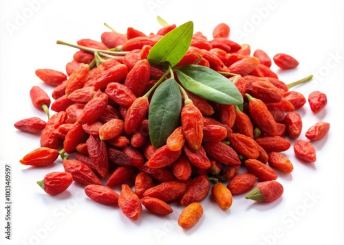 Goji berries displayed on a white background, highlighting their intricate texture and enhanced by gentle soft lighting photo