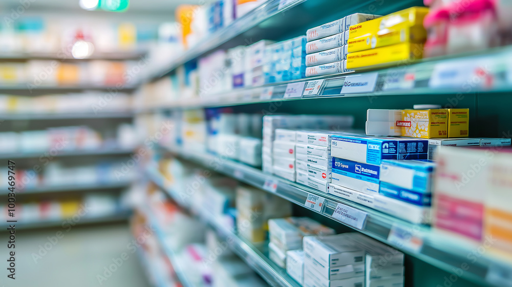 Pharmacy drugstore interior with rows of medicine packages displayed on shelves