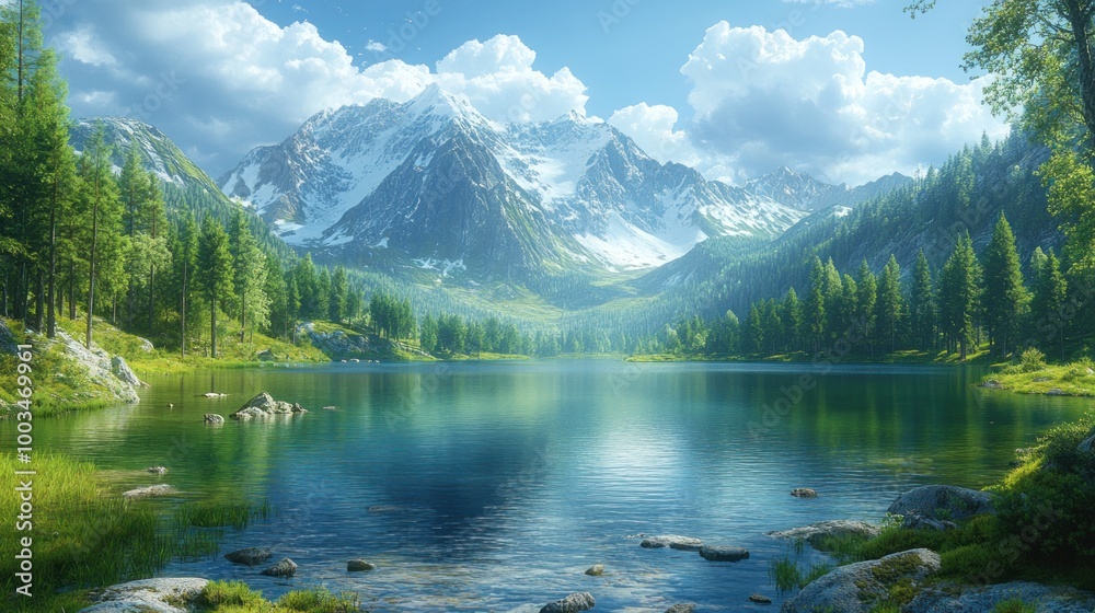 Serene mountain landscape with a tranquil lake and lush greenery. Serene mountain landscape with a tranquil lake and lush greenery.